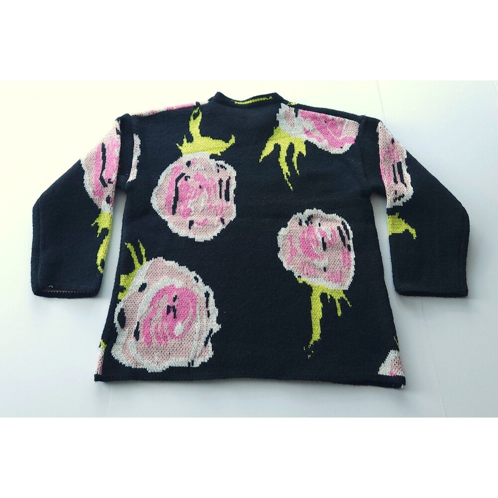 Cawaii French Black Pink Floral Intarsia Knit Sweater - L - Picture 2 of 8